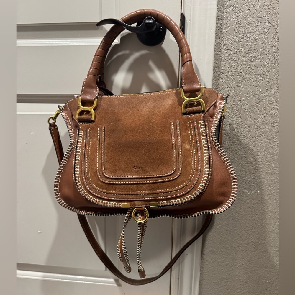 Chloe tan medium Marcie Leather Handbag with suede and white stitching Rare!
